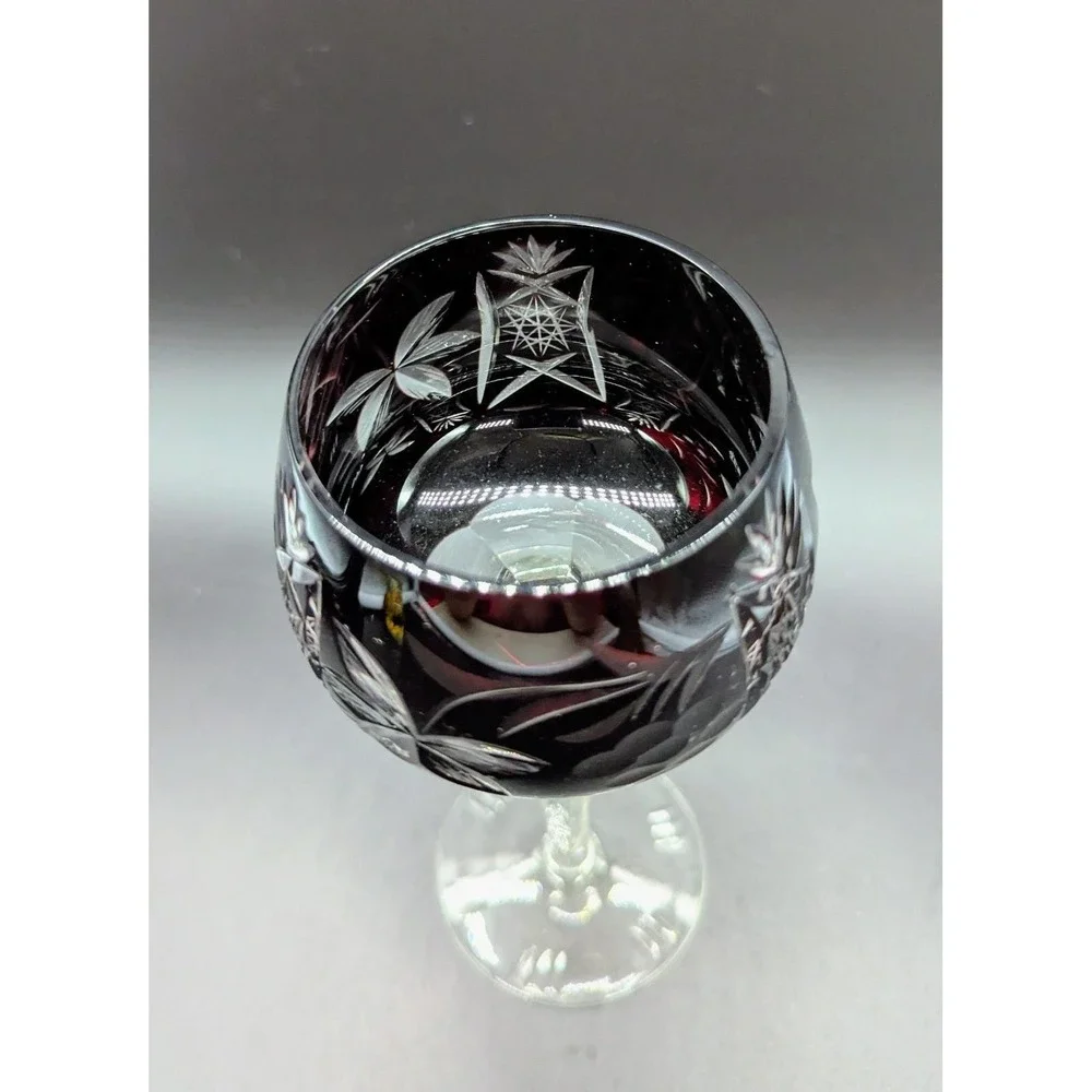Vintage Bohemian Dark Cranberry Cut To Clear Wine Glass Stemware